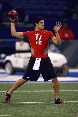 INDIANAPOLIS, IN - FEBRUARY 22:  Quarterback Mark Sanchez of USC passes the football during the NFL Scouting Combine presented by Under Armour at Lucas Oil Stadium on February 22, 2009 in Indianapolis, Indiana. (Photo by Scott Boehm/Getty Images)