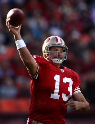 SAN FRANCISCO - DECEMBER 28:  Shaun Hill #13 of the San Francisco 49ers throws a a pass against the Washington Redskins 27-24 at Candlestick Park on December 28, 2008 in San Francisco, California  (Photo by Jonathan Ferrey/Getty Images)