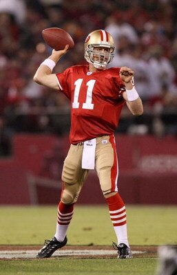 SAN FRANCISCO - SEPTEMBER 10:  Alex Smith #11 of the San Francisco 49ers passes during an NFL game against the Arizona Cardinals on September 10, 2007 at Monster Park in San Francisco, California.  The 49ers won 20-17.  (Photo by Jed Jacobsohn/Getty Image