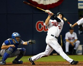 MINNEAPOLIS, MN - SEPTEMBER 28: Justin Morneau #33 of the Minnesota Twins strikes out in the seventh inning in a game against the Kansas City Royals at the Metrodome on September 28, 2008 in Minneapolis, Minnesota. The Twins defeated the Royals 6-0. (Phot