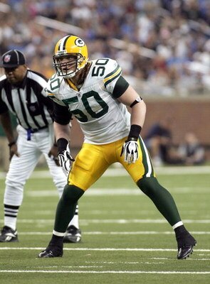 DETROIT - SEPTEMBER 14:  A.J. Hawk #50 of the Green Bay Packers vs. Detroit Lions on September 14, 2008 at Ford Field in Detroit, Michigan.  (Photo by Domenic Centofanti/Getty Images)