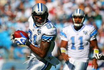 CHARLOTTE, NC - NOVEMBER 16:  Calvin Johnson #81 of the Detroit Lions makes a catch against the Carolina Panthers at Bank of America Stadium on November 16, 2008 in Charlotte, North Carolina.  (Photo by Streeter Lecka/Getty Images)