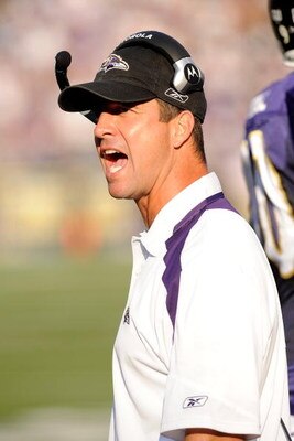 BALTIMORE - SEPTEMBER 21:  Head Coach John Harbaugh of the Baltimore Ravens yells towards the officials during the game against the Cleveland Browns September 21, 2008 at M&T Bank Stadium in Baltimore, Maryland.  (Photo by Greg Fiume/Getty Images)