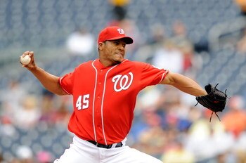 WASHINGTON - APRIL 19:  Daniel Cabrera #45 of the Washington Nationals pitches against the Florida Marlins at Nationals Park April 19, 2009 in Washington, DC.  (Photo by Greg Fiume/Getty Images)