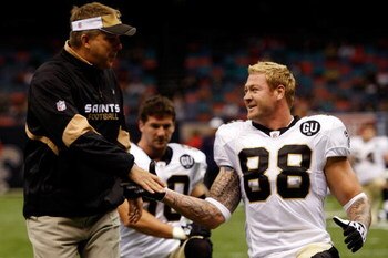 NEW ORLEANS - SEPTEMBER 7:  Head coach Sean Payton talks with Jeremy Shockey #88 of the New Orleans Saints before  the game against the Tampa Bay Buccaneers at the Superdome September 7, 2008 in New Orleans, Louisiana.  The Saints defeated the Buccaneers 