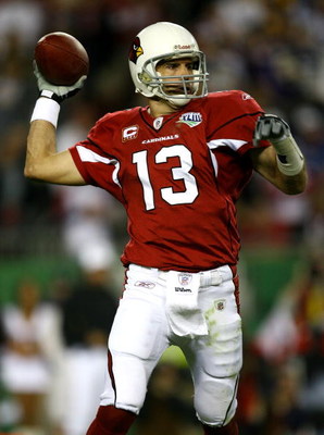 TAMPA, FL - FEBRUARY 01: Quarterback Kurt Warner #13 of the Arizona Cardinals throws a pass against the Pittsburgh Steelers during Super Bowl XLIII on February 1, 2009 at Raymond James Stadium in Tampa, Florida. (Photo by Jamie Squire/Getty Images)