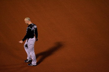BOSTON - OCTOBER 24: Matt Holliday #5 of the Colorado Rockies looks on after striking out to end the seventh inning against the Boston Red Sox during Game One of the 2007 Major League Baseball World Series at Fenway Park on October 24, 2007 in Boston, Ma