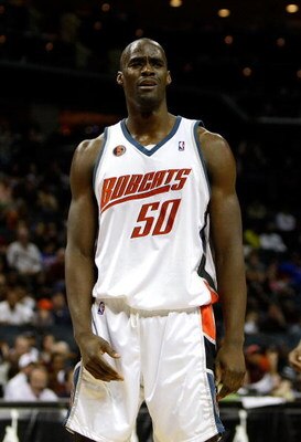 CHARLOTTE, NC - JANUARY 19:  Emeka Okafor #50 of the Charlotte Bobcats reacts to having a foul called on him during their game against the San Antonio Spurs at Time Warner Cable Arena on January 19, 2009 in Charlotte, North Carolina.  NOTE TO USER: User e