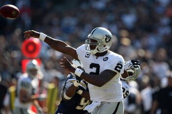 OAKLAND, CA - SEPTEMBER 28:  JaMarcus Russell #2 of the Oakland Raiders passes during the game against the San Diego Chargers on September 28, 2008 at Oakland Coliseum in Oakland, California. (Photo by Jed Jacobsohn/Getty Images)
