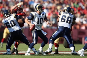 SAN FRANCISCO - NOVEMBER 16:  Marc Bulger #10 of the St. Louis Rams looks to pass during the game against the San Francisco 49ers on November 16, 2008 at Candlestick Park in San Francisco, California. (Photo by Jed Jacobsohn/Getty Images)