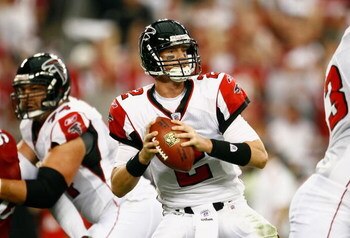 GLENDALE, AZ - JANUARY 03:  Quarterback Matt Ryan #2 of the Atlanta Falcons drops back to pass in the NFC Wild Card Game against the Arizona Cardinals on January 3, 2009 at University of Phoenix Stadium in Glendale, Arizona. The Cardinals defeated the Fal