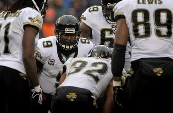 DENVER - OCTOBER 12:  Quarterback David Garrard #9 of the Jacksonville Jaguars runs the huddle against the Denver Broncos during NFL action at Invesco Field at Mile High on October 12, 2008 in Denver, Colorado. The Jaguars defeated the Broncos 24-17.  (Ph