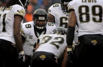 DENVER - OCTOBER 12:  Quarterback David Garrard #9 of the Jacksonville Jaguars runs the huddle against the Denver Broncos during NFL action at Invesco Field at Mile High on October 12, 2008 in Denver, Colorado. The Jaguars defeated the Broncos 24-17.  (Ph