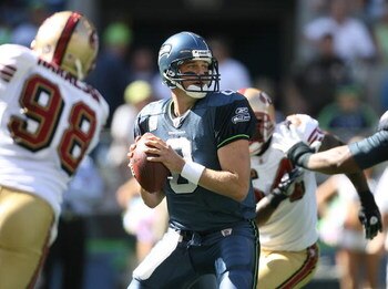 SEATTLE - SEPTEMBER 14:  Quarterback Matt Hasselbeck #8 of the Seattle Seahawks looks to pass against the San Francisco 49ers on September 14, 2008 at Qwest Field in Seattle Washington. The 49ers defeated the Seahawks 33-30 in overtime. (Photo by Otto Gre