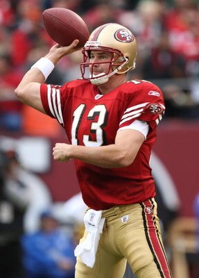 SAN FRANCISCO - DECEMBER 07:  Shaun Hill #13 of the San Francisco 49ers passes against the New York Jets during an NFL game on December 7, 2008 at Candlestick Park in San Francisco, California.  (Photo by Jed Jacobsohn/Getty Images)
