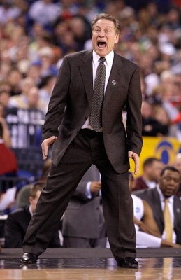 INDIANAPOLIS - MARCH 27:  Head coach Tom Izzo of the Michigan State Spartans reacts as he coaches against the Kansas Jayhawks during the third round of the NCAA Division I Men's Basketball Tournament at the Lucas Oil Stadium on March 27, 2009 in Indianapo