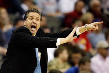 KANSAS CITY, MO - MARCH 21:  Head Coach John Calipari of the Memphis Tigers yells and points a finger from the sideline during their second round game against the Maryland Terrapins in the NCAA Division I Men's Basketball Tournament at the Sprint Center o