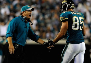 JACKSONVILLE, FL - DECEMBER 18: Head coach Jack Del Rio of the Jacksonville Jaguars celebrates a touchdown with Richard Angulo #85 during the game against the Indianapolis Colts at Jacksonville Municipal Stadium on December 18, 2008 in Jacksonville, Flor
