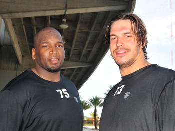 JACKSONVILLE, FL - MAY 1: Tackles Eugene Monroe #75 and Eben Britton #73 of the Jacksonville Jaguars team up May 1, 2009 at a team minicamp near Jacksonville Municipal Stadium in Jacksonville, Florida. Monroe and Britton were the team's top two draft pi