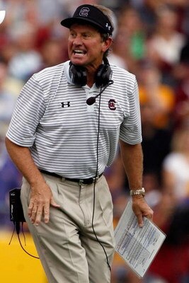 BATON ROUGE, LA - SEPTEMBER 22:  Head coach Steve Spurrier of the South Carolina Gamecocks reacts to a play against the Louisiana State University Tigers at Tiger Stadium September 22, 2007 in Baton Rouge, Louisiana. The Tigers defeated the Gamecocks 28-1