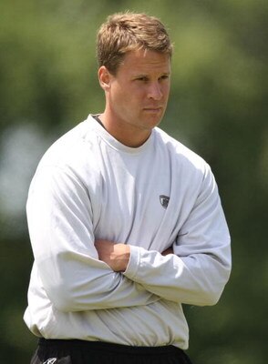 ALAMEDA, CA - MAY 09:  Head coach Lane Kiffin of the Oakland Raiders looks on at the rookie mini-camp at the Raiders training facility on May 9, 2008 in Alameda, California.  (Photo by Jed Jacobsohn/Getty Images)
