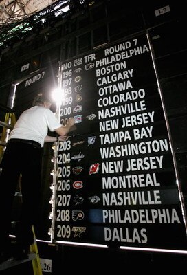 OTTAWA, ON - JUNE 21:  Behind the scenes, a worker places a players name card on the draft board during the 2008 NHL Entry Draft at Scotiabank Place on June 21, 2008 in Ottawa, Ontario, Canada. (Photo by Bruce Bennett/Getty Images)
