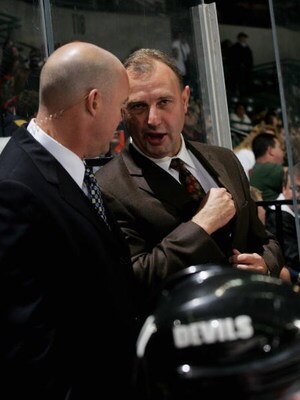 TRENTON, NJ - SEPTEMBER 17:  Head coach Brent Sutter (r) and assistant coach John MacLean (l) behind the New Jersey Devils bench against the Philadelphia Flyers on September 17, 2007 at the Sovereign Bank Arena in Trenton, New Jersey.  (Photo by Bruce Ben