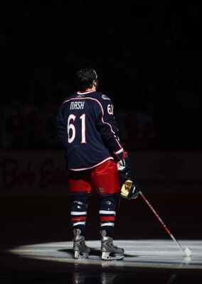 COLUMBUS, OHIO - APRIL 23:  Rick Nash #61 of the Columbus Blue Jackets stands during the playing of the national anthem prior to playing against the Detroit Red Wings during Game Four of the Western Conference Quarterfinals of the 2009 Stanley Cup Playoff