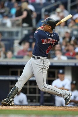 NEW YORK - APRIL 18:  Victor Martinez #41 of the Cleveland Indians at bat against the New York Yankees at Yankee Stadium on April 18, 2009 in the Bronx borough of New York City.  (Photo by Nick Laham/Getty Images)