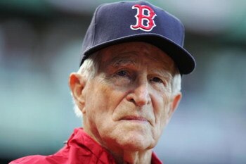 BOSTON - OCTOBER 13: Johnny Pesky of the Boston Red Sox looks on before taking on the Tampa Bay Rays in game three of the American League Championship Series during the 2008 MLB playoffs at Fenway Park on October 13, 2008 in Boston, Massachusetts. (Photo 