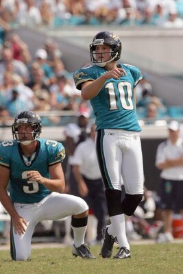 JACKSONVILLE, FL - SEPTEMBER 28:  Josh Scobee #10 of the Jacksonville Jaguars follows his field goal kick during the game against the Houston Texans at Jacksonville Municipal Stadium on September 28, 2008 in Jacksonville, Florida.  (Photo by Sam Greenwood