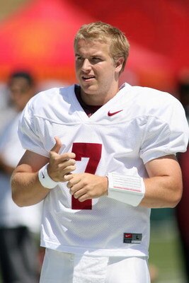 LOS ANGELES, CA - APRIL 25: Quarterback Matt Barkley #7 of the USC Trojans looks on the field during the spring game on April 25, 2009 at the Los Angeles Memorial Coliseum in Los Angeles, California.  The cardinal team won 16-10.  (Photo by Jeff Golden/Ge