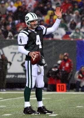 EAST RUTHERFORD, NJ - NOVEMBER 30:  Brett Favre #4 of the New York Jets gestures to the referee after a play against the Denver Broncos on November 30, 2008 at Giants Stadium in East Rutherford, New Jersey.  (Photo by Jim McIsaac/Getty Images)