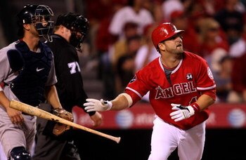 ANAHEIM, CA - MAY 13:  Mike Napoli #44 of the Los Angeles Angels of Anaheim hits a three run home run in the third inning against the Boston Red Sox on May 13, 2009 at Angel Stadium in Anaheim, California.  The Angels won 8-4. (Photo by Stephen Dunn/Getty