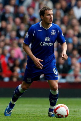 BIRMINGHAM, ENGLAND - APRIL 12: Phil Jagielka of Everton in action during the Premier League match between Aston Villa and Everton at Villa Park on April 12, 2009 in Birmingham, England. (Photo by Stu Forster/Getty Images)