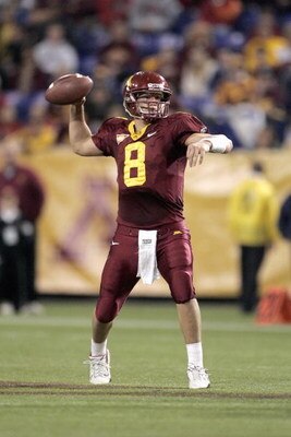 MINNEAPOLIS - NOVEMBER 17: Quarterback Adam Weber #8 of the Minnesota Golden Gophers passes the ball during the first half of the game against the Wisconsin Badgers at the Hubert H. Humphrey Metrodome November 17, 2007 in Minneapolis, Minnesota. (Photo by