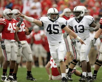 COLUMBUS, 0H - SEPTEMBER 23: Sean Lee #45 of Penn State Nittany Lions reacts on the field during the game against the Ohio State Buckeyes on September 23, 2006 at Ohio Stadium in Columbus, Ohio. (Photo By Gregory Shamus/Getty Images)  