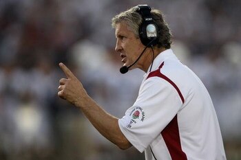 PASADENA, CA - JANUARY 01:  Head coach Pete Carroll of the USC Trojans points during the second half against the Penn State Nittany Lions during the 95th Rose Bowl Game presented by Citi on January 1, 2009 at the Rose Bowl in Pasadena, California.  (Photo