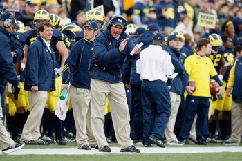 ANN ARBOR, MI - OCTOBER 25:  Head Coach Rich Rodriguez of the Michigan Wolverines watches from the sidelines during the game against the Michigan State Spartans on October 25, 2008 at Michigan Stadium in Ann Arbor, Michigan. Michigan State won the game 35