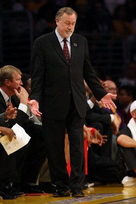LOS ANGELES, CA - MAY 17:  Head coach Rick Adelman of the Houston Rockets reacts in the second half against the Los Angeles Lakers in Game Seven of the Western Conference Semifinals during the 2009 NBA Playoffs at Staples Center on May 17, 2009 in Los Ang