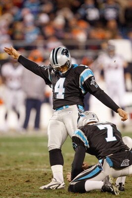 CHARLOTTE, NC - DECEMBER 14:  John Kasay #4 of the Carolina Panthers kicks a field goal during the game against the Denver Broncos at Bank of America Stadium on December 14, 2008 in Charlotte, North Carolina. (Photo by: Streeter Lecka/Getty Images)