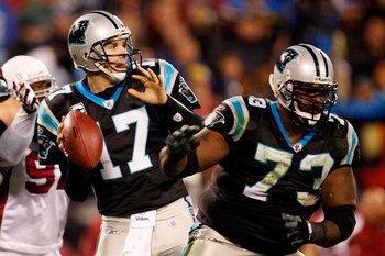 CHARLOTTE, NC - JANUARY 10:  Quarterback Jake Delhomme #17 of the Carolina Panthers looks to pass against the Arizona Cardinals during the NFC Divisional Playoff Game on January 10, 2009 at Bank of America Stadium in Charlotte, North Carolina.  (Photo by 