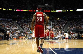 ATLANTA - MAY 11:  LeBron James #23 of the Cleveland Cavaliers walks on the court during a free throw against the Atlanta Hawks during Game Four of the Eastern Conference Semifinals during the 2009 NBA Playoffs at Philips Arena on May 11, 2009 in Atlanta,