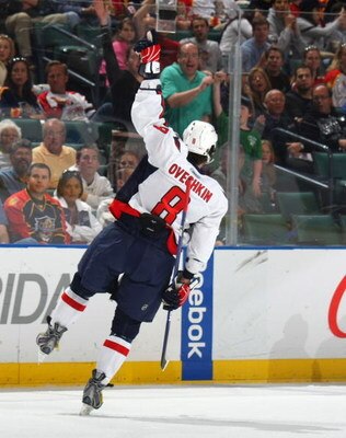SUNRISE, FL - FEBRUARY 15: Alex Ovechkin #8 of the Washington Capitals scores a first period goal against the Florida Panthers on February 15, 2009 at the BankAtlantic Center in Sunrise, Florida. (Photo by Bruce Bennett/Getty Images)