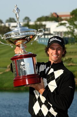 IRVING, TX - APRIL 27:  Adam Scott of Australia holds the trophy after his victory over Ryan Moore on the third playoff hole during the final round of the EDS Byron Nelson Championship at TPC Four Seasons Resort Las Colinas April 27, 2008 in Irving, Texas
