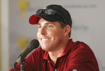 UNITED STATES - SEPTEMBER 21:  Justin Leonard of the U.S. team during a press conference at The Presidents Cup at Robert Trent Jones Golf Club in Prince William County, Virginia on September 21, 2005.  (Photo by Hunter Martin/Getty Images)