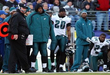 BALTIMORE - NOVEMBER 23: (L-R) Head coach Andy Reid, Donovan McNabb #5, and Brian Dawkins #20 of the Philadelphia Eagles look on late in the game against the Baltimore Ravens on November 23, 2008 at M&T Bank Stadium in Baltimore, Maryland. (Photo by Jim M