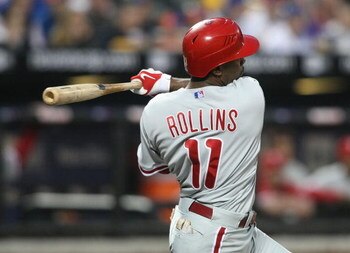 NEW YORK - MAY 06:  Jimmy Rollins #11 of the Philadelphia Phillies at bat against the New York Mets at Citi Field on May 6, 2009 in the Flushing neighborhood of the Queens borough of New York City.  (Photo by Nick Laham/Getty Images)