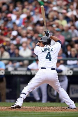 SEATTLE - APRIL 19:  Jose Lopez #4 of the Seattle Mariners bats against the Detroit Tigers during the game on April 19, 2009 at Safeco Field in Seattle, Washington. (Photo by Otto Greule Jr/Getty Images)