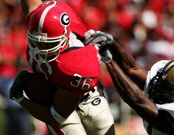 ATHENS, GA - OCTOBER 14:  Brannan Southerland #36 of the Georgia Bulldogs is tackled by Jonathan Goff #47 of the Vanderbilt Commodores during their game at Sanford Stadium on October 14, 2006 in Athens, Georgia.  (Photo by Scott Halleran/Getty Images)